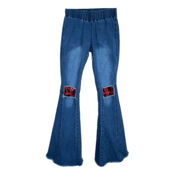 Women’s Red Plaid Patchwork Knee Distressed Pull-On Flared Frayed Jeans - Picture 1 of 6